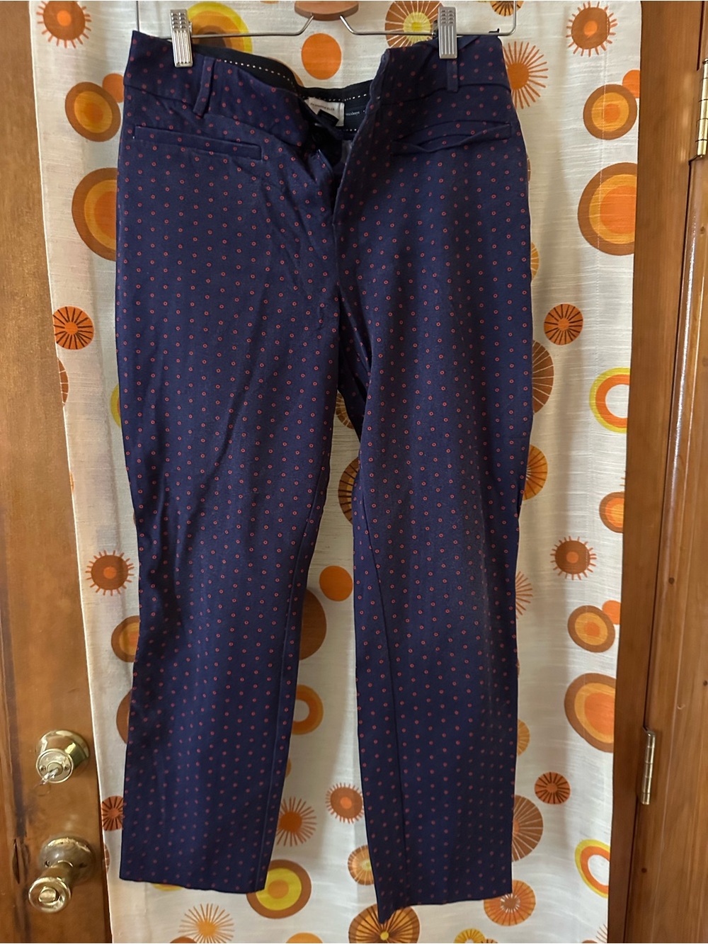 Anthropologie Navy Pants with Red Dot Pattern